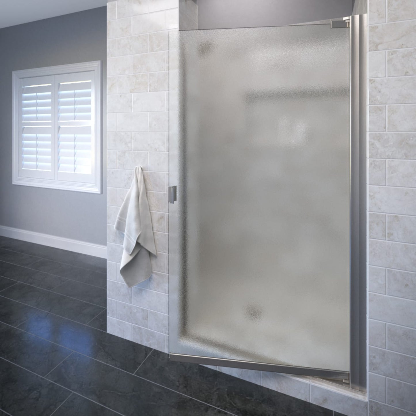 Basco Classic Brushed nickel 30-1/4-in to 31-3/4-in W x 66.0-in H Semi-frameless Frosted/Patterned Glass Pivot Shower door