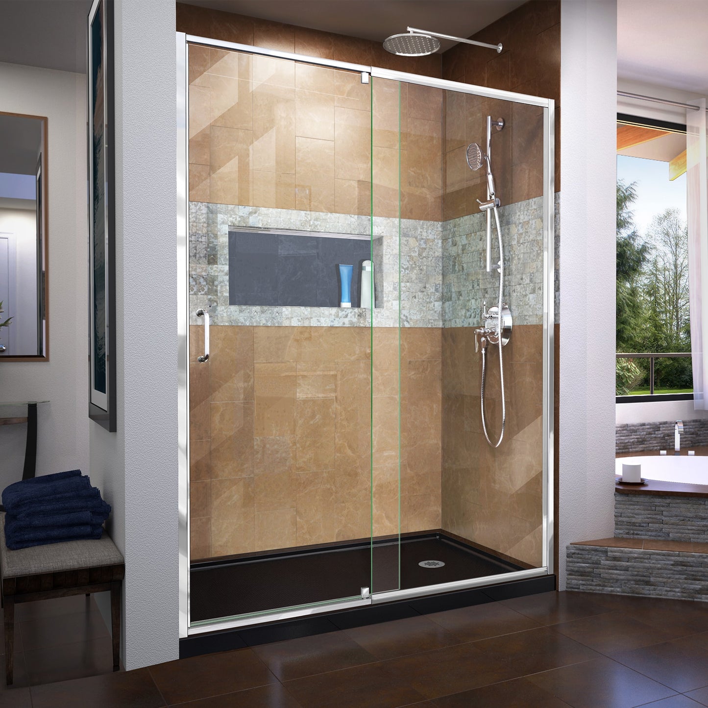 DreamLine Flex Chrome 56-in to 60-in W x 72.0-in H Semi-frameless Clear Glass Pivot Shower door