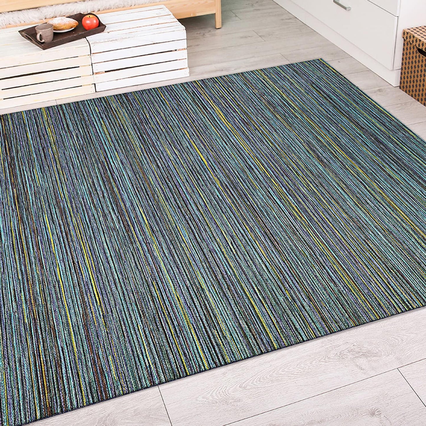 Couristan Cape 7 x 10 (ft) Loomed Polypropylene Teal-Cobalt Rectangular Indoor/Outdoor Stripe House Wahable Pet Friendly Area rug