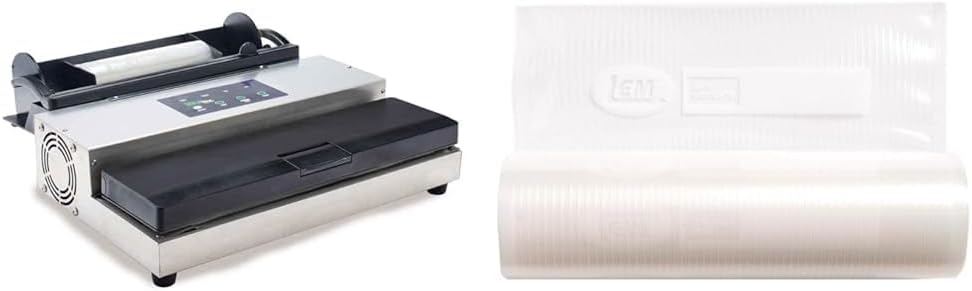 LEM MaxVac 500 Vacuum Sealer with Bag Holder & Cutter & MaxVac 2-Piece Vacuum Bag Rolls | 14" x 20'