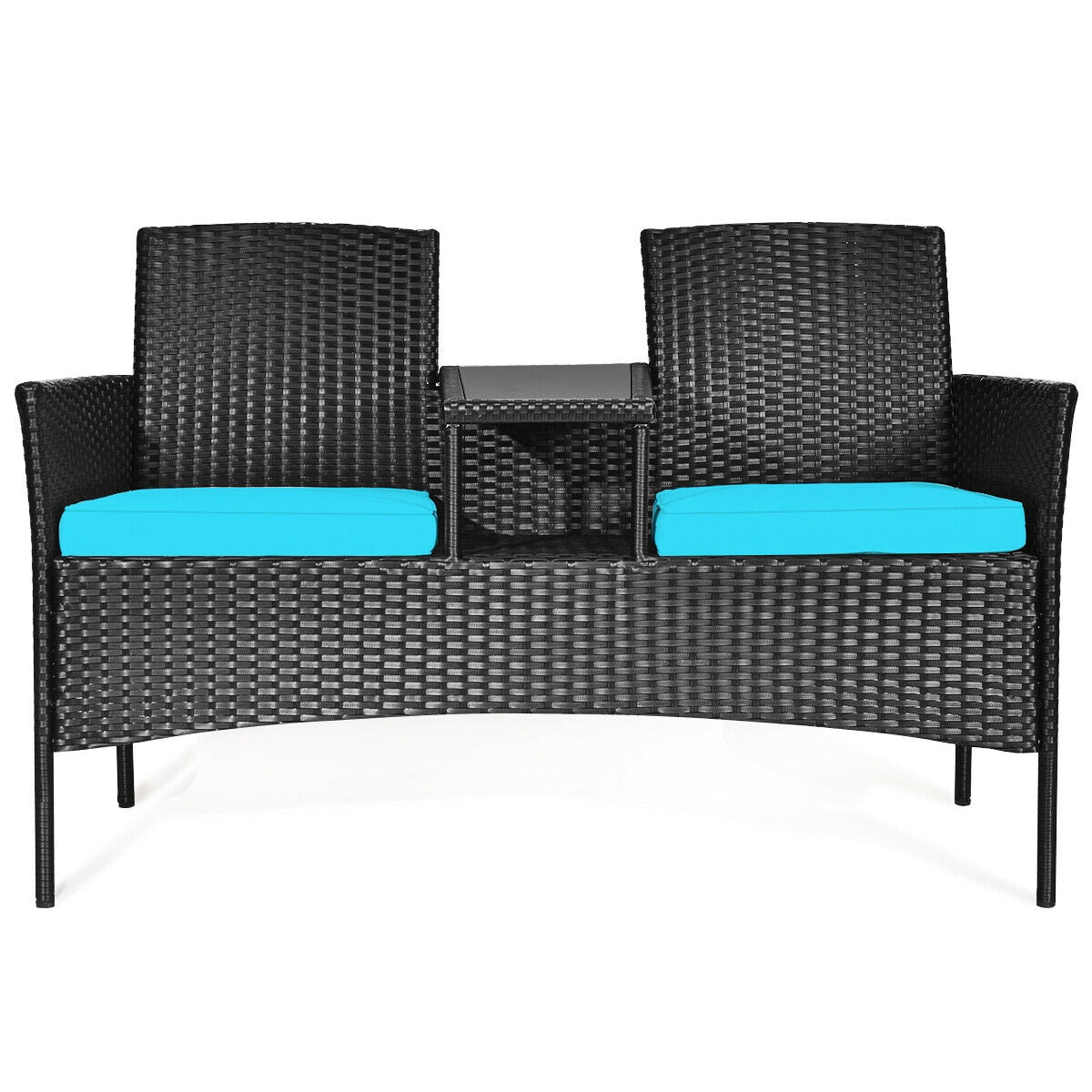 WELLFOR Patio Loveseat with built in table Rattan Outdoor Sectional with Blue Cushions and Rattan Frame