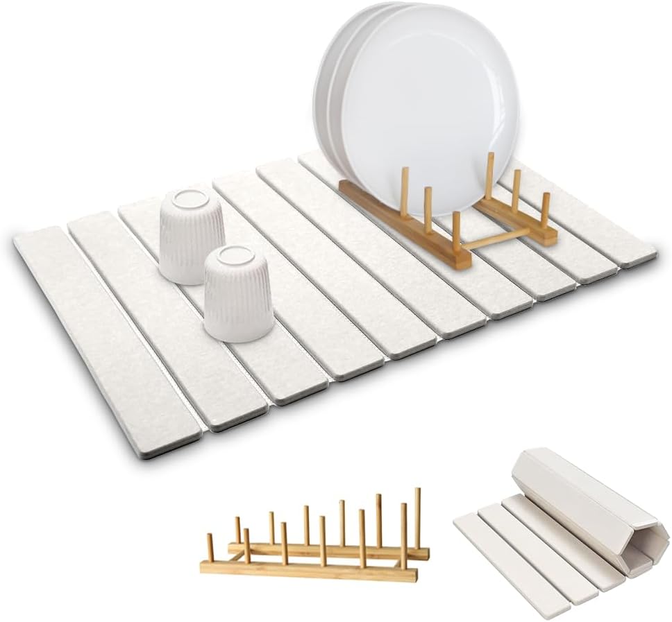 Stone Dish Drying Mats for Kitchen Counter,24×16 IN,Foldable Dish Drying Mat,Equipped Dish Rack,Strong Water Absorption,Diatomaceous Earth Material,Suitable for Plates,Cups and Any Kitchen Utensils
