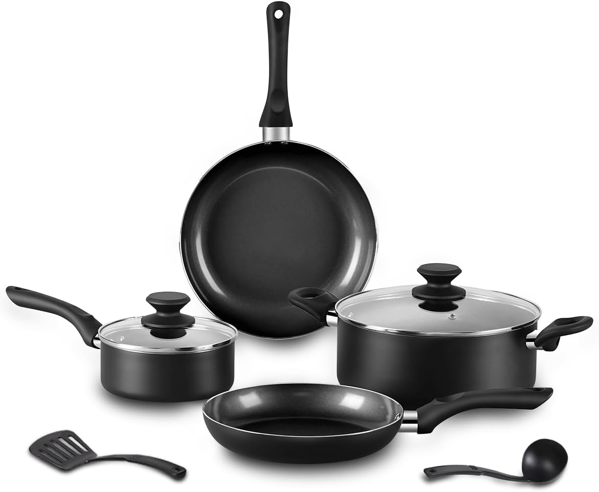 BECIGAR 8pcs Black Ceramic Pots and Pans Set, Cooking Pan Set,Cooking Pot Set Ceramic Pan Set, Nonstick Cookware Set, Induction Safe Kitchen Cooking Set with Frying Pans, Saucepans, shovel and Ladle