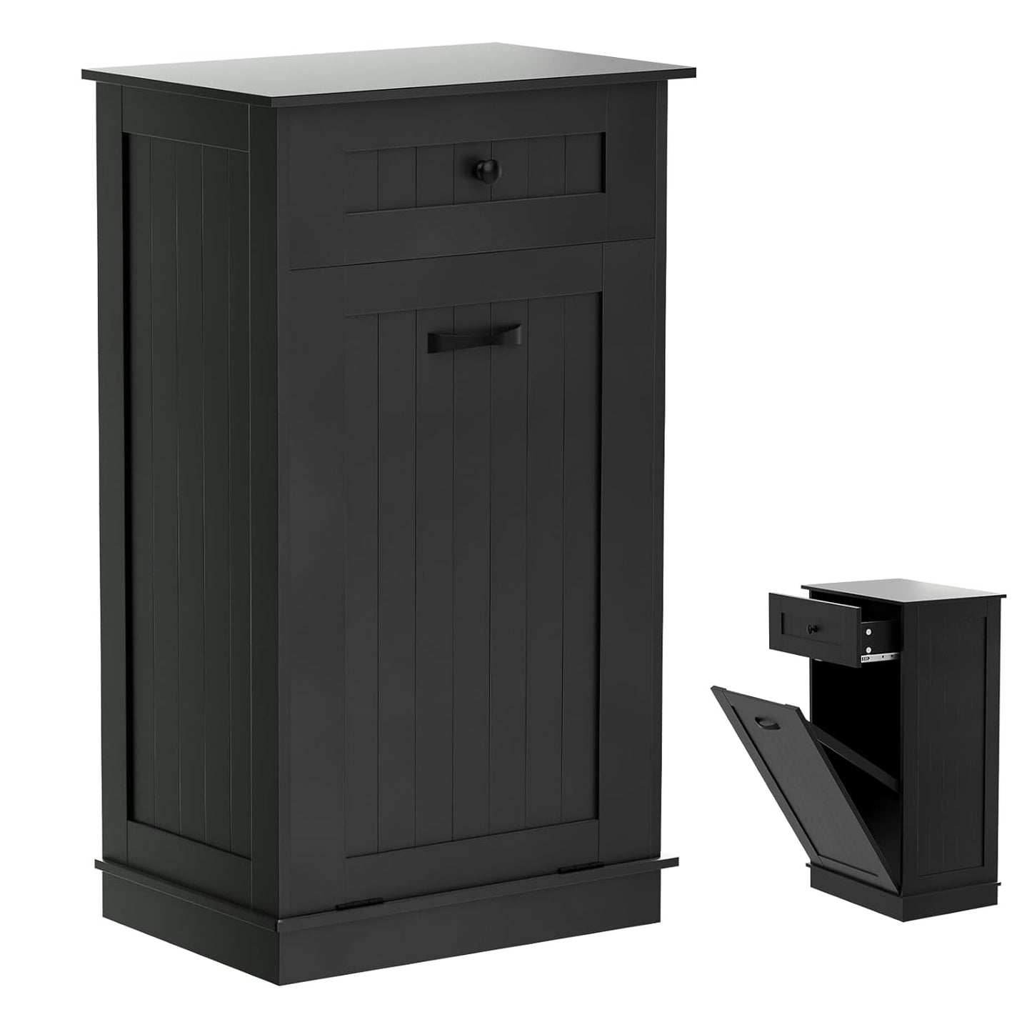 Visionwards Wooden Tilt Out Trash Cabinet Bin, Dog Proof Garbage Can Holder, Kitchen Island with Laundry Hamper, Black