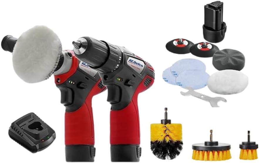 ACDelco Cordless Car Buffer Polisher kit, 2 x 12V Batteries, 2 Variable Speed & Accessory, Mini Polisher Tool Set, Drill Driver, Scratch Removing, Polisher+Drill Driver