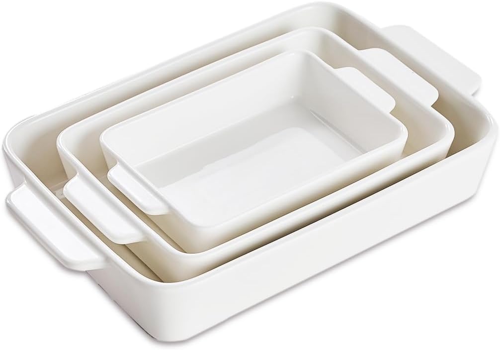 Ceramic Bakeware Set, 13"\/10"\/7.6" Rectangular Porcelain Baking Dishes for Kitchen, Lasagna Pans with Handle for Cooking, Baking Pan Deep Casserole Dishes for Baking, Set of 3 White
