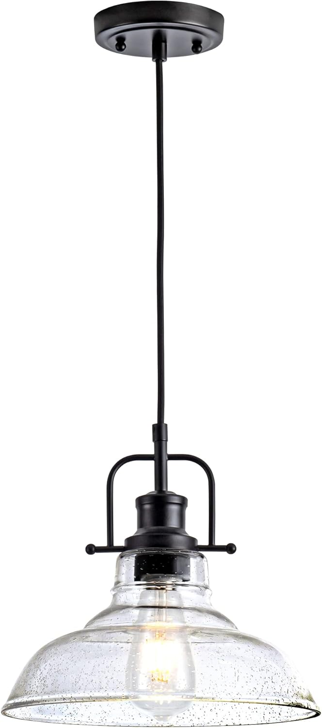 Zlepmlla Glass Pendant Light,Black Pendant Light Fixtures with Seeded Glass Shade, Adjustable Height Hanging Lights for Hallway, Kitchen Island, Dinning Room(Bulb not Included)
