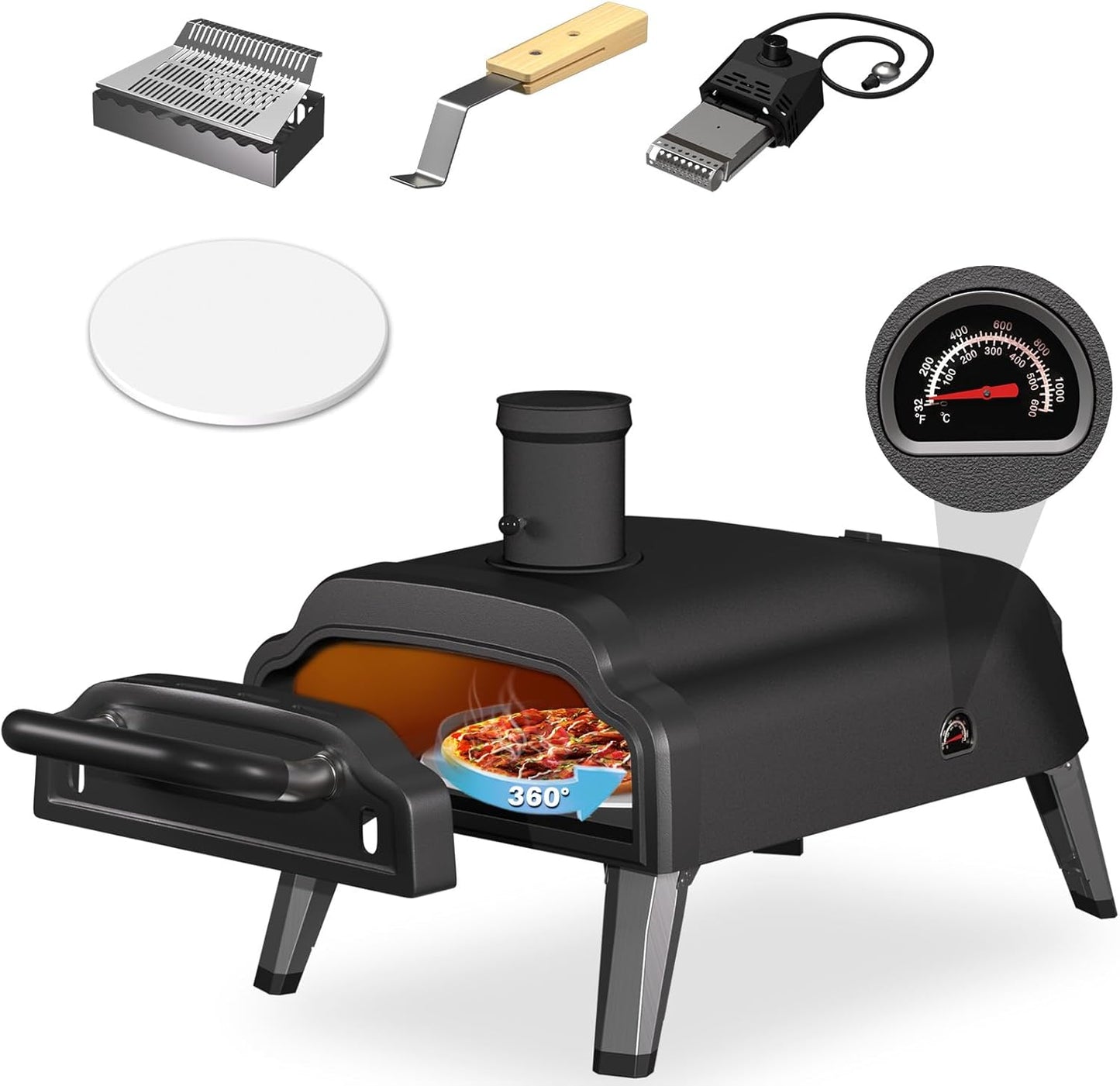 Multi-Fuel Pizza Oven Outdoor,12" Wood Fire & Propane Pizza Oven, Portable Rotating Pellet Gas Pizza Maker for Grill with Thermometer,Dual Fuel Stainless Steel Pizza Maker for Backyard Camping