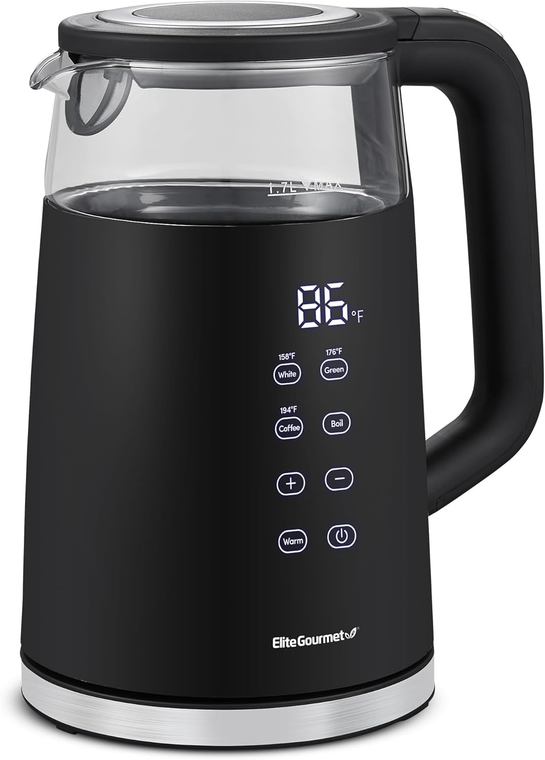 Elite Gourmet EKT8717 1.7L Dual Wall Cool Touch Electric Tea Kettle, Borosilicate Glass, 304 Stainless Steel Interior, Programmed Digital Touchscreen, Keep Warm, Auto Off & Audible Indicator, Black