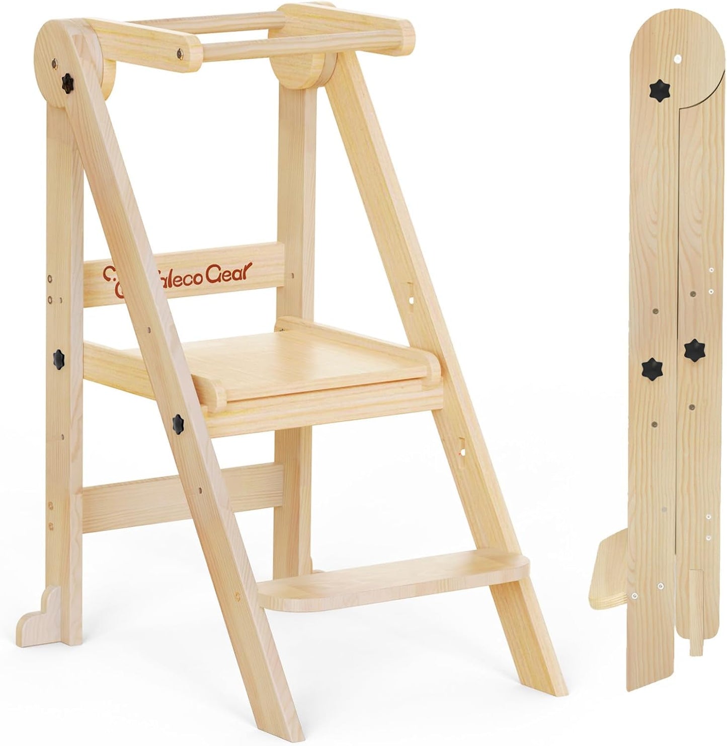 Foldable Toddler Kitchen Stool Helper, Toddler Tower with 3 Adjustable Height, Wooden Toddler Step Stool, Collapsible Toddler Tower, Toddler Stool for Kitchen and Bathroom (Nature)