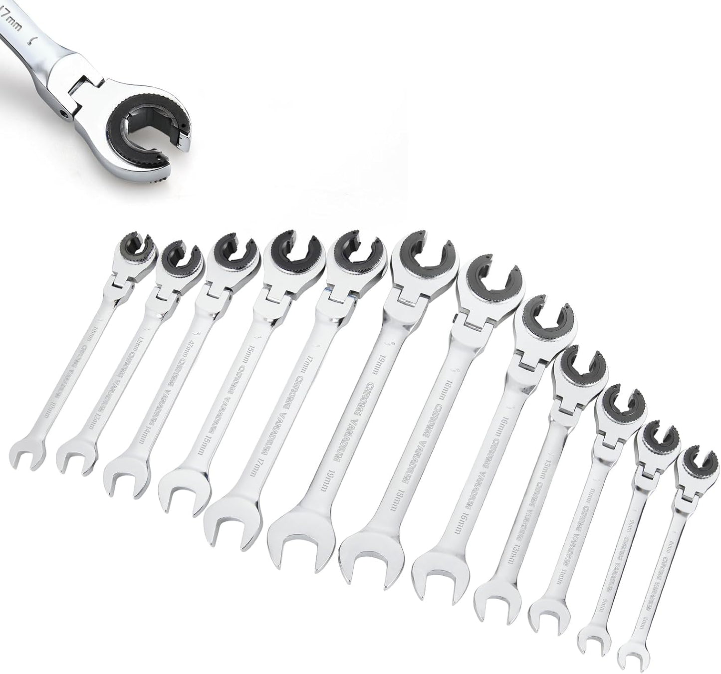 Anbull Ratcheting Wrench Set with Open Flex-head, 12PCS Metric (8-19mm) Combination Spanner with 72 Teeth, 180° Flex-head Tubing Ratchet Wrench Set