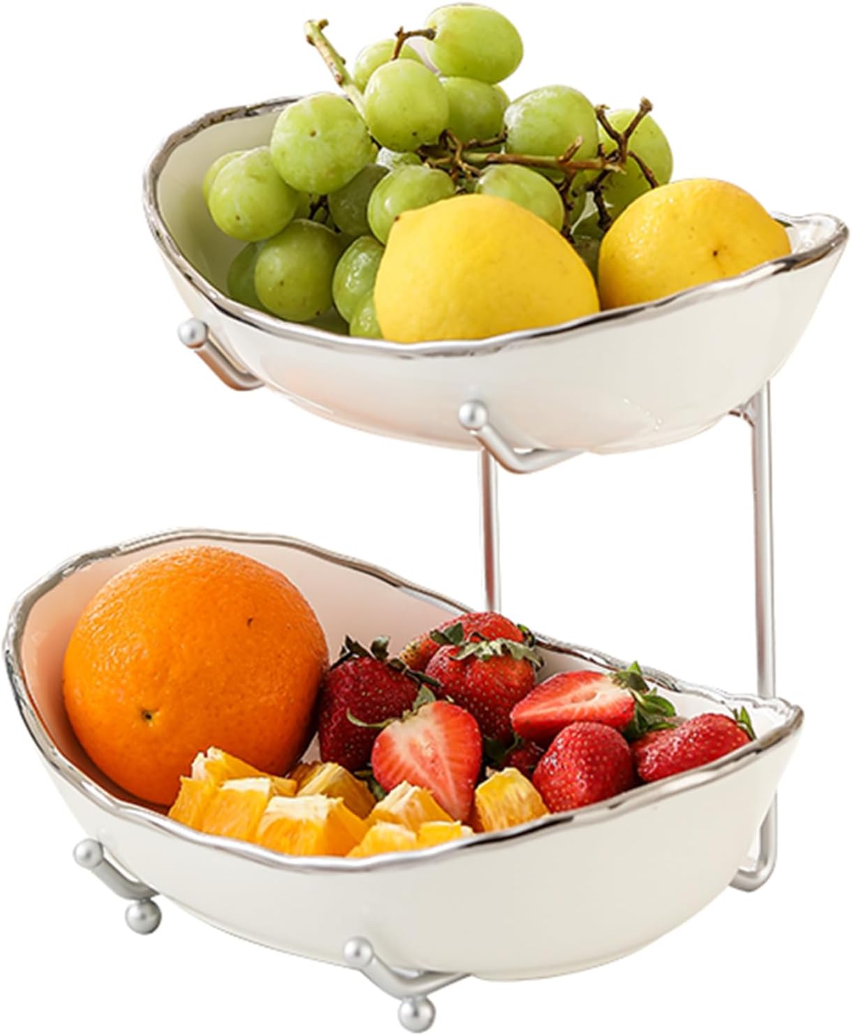 HOMKULA 2 Tier Ceramic Fruit Bowl for Kitchen Counter, Tiered Fruit Basket for Countertop, Modern Multi Layer Fruit Display Stand for Party, Cute & Smal (Silver-rimmed)