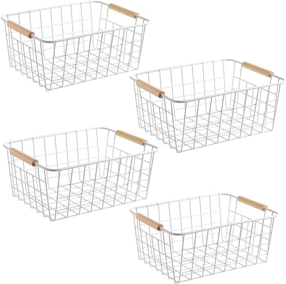 LeleCAT White Wire Baskets for Organizing with Handles,Pantry Organizers and Storage For Kitchen, Household Snack Basket for Cabinets, Closets, Bedrooms,food - Set of 4(White)