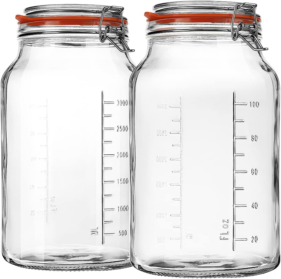 Super Wide-Mouth Glass Jars with Hinged Lids, 1-Gallon (4100 ML) Leak Proof Glass Canning Jars with Airtight Lids and 2 Measurement Marks. Large Capacity, Sturdy For Canning, Overnight Oats, 2-Pack