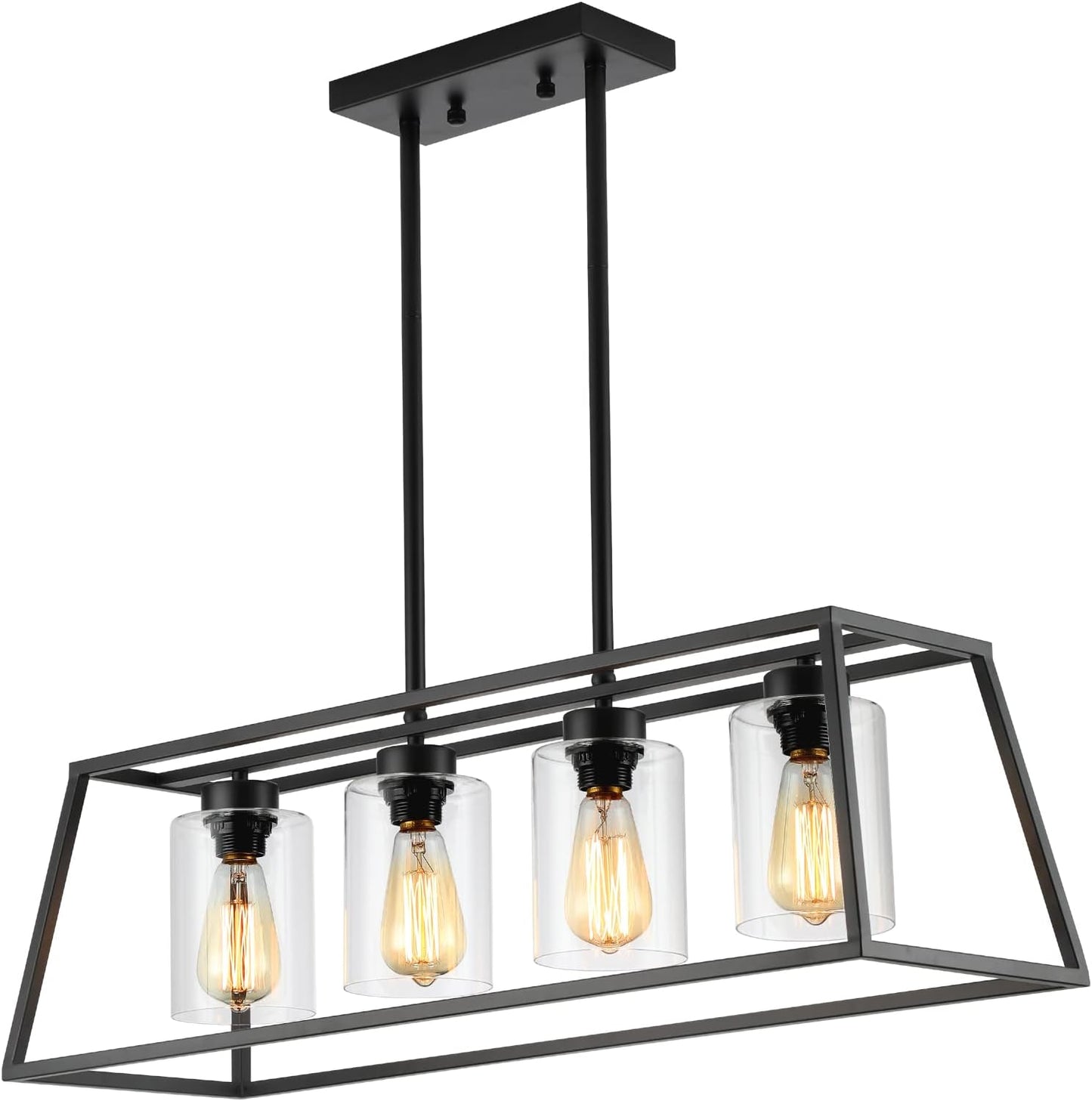 Black Farmhouse Chandeliers for Dining Room, Rustic Kitchen Island Light Fixture, 4-Lighting Linear Pendant Lamp Kitchen Island with Glass Shade ,Apply to Dining Room Light fixtures Over Table