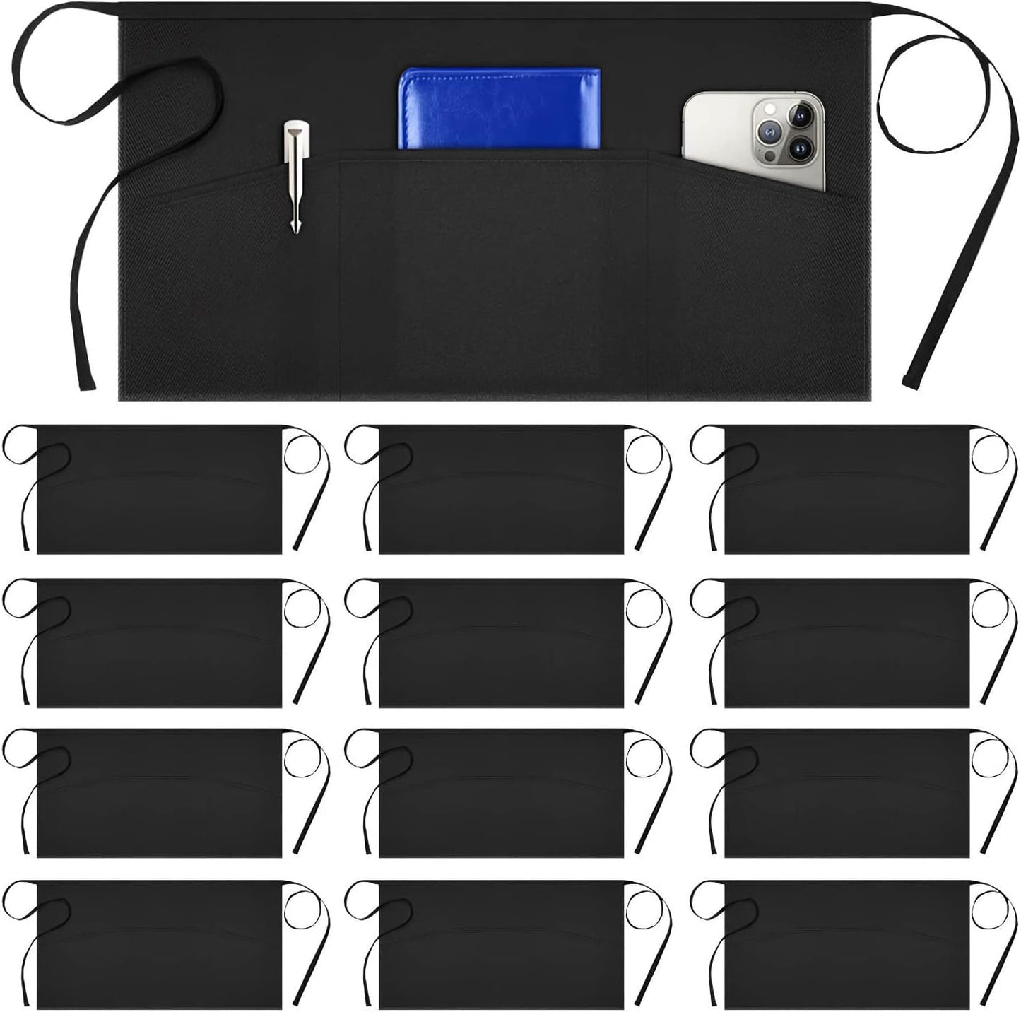 Syntus 12 Pack Server Apron with 3 Pockets, Waterdrop Resistant Waitress Waiter Waist Apron, 11.5-inch Black