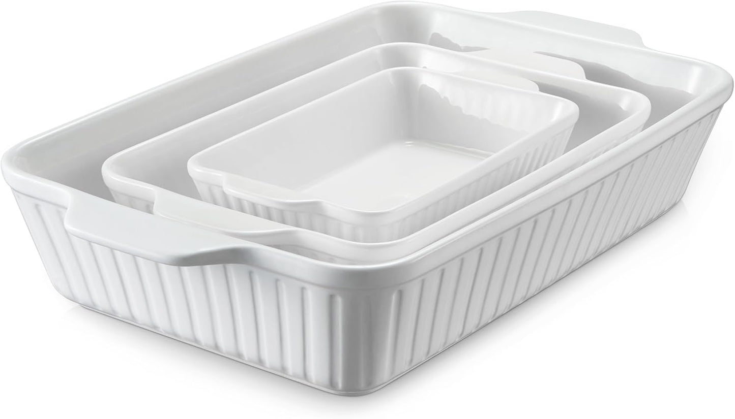 DOWAN Casserole Dishes for Oven, Baking Dishes Set, Ceramic Bakeware Sets of 3, Lasagna Pan Deep, Rectangular Baking Pan Set with Handles for Baking, Casserole, Kitchen, Wedding Gift, Soft White (15.6''\/12.2''\/8.9'')