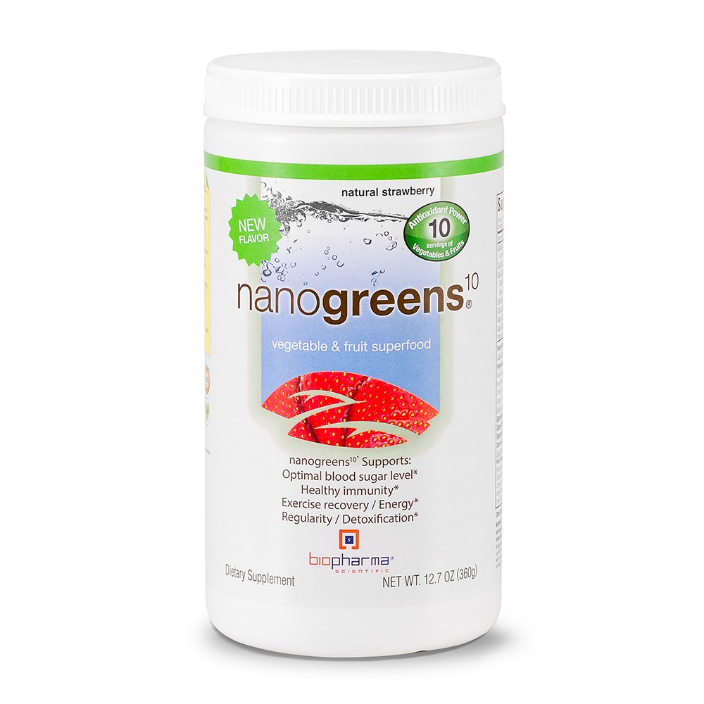 Biopharma Scientific NanoGreens: Greens Superfood Fruit & Vegetable Powder for Digestive Health & Immunity with Spirulina, Chlorella, Kale, Spinach, Plant Based, Strawberry Flavor, 30 Servings