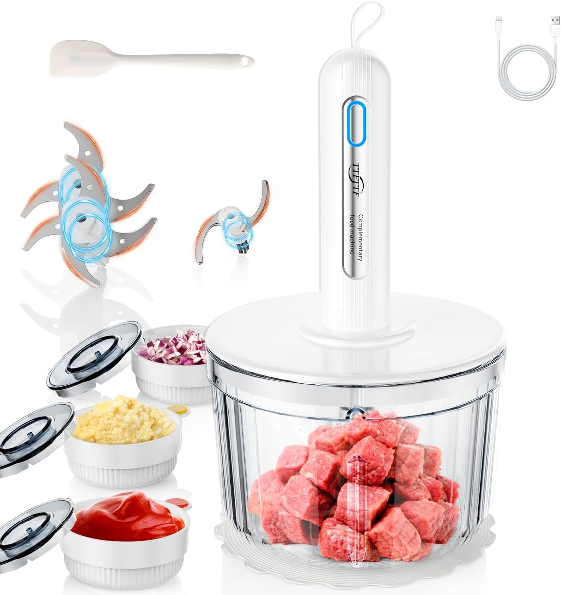 TTFTTF Glass Food Processor with 3 Blades & 4 Bowls (8 Cup + 3x0.5 Cup), Small Food Processor& Meat Grinder - Compact Design for Meal Prep, Baby Food, Sauces - Dishwasher Safe