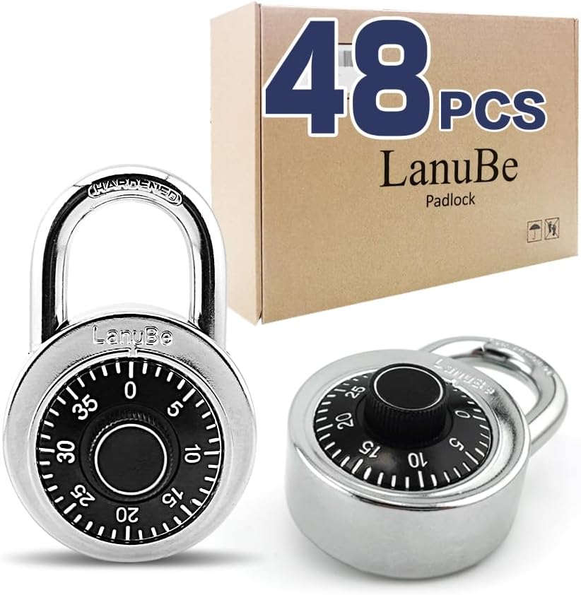 LanuBe Lock Standard Dial Combination Lock, 2 in. Wide, with Different Combinations, Black Turnplate, Pack of 48; Lock for School, Employee, Gym & Sports Locker, Case, Toolbox, and so on