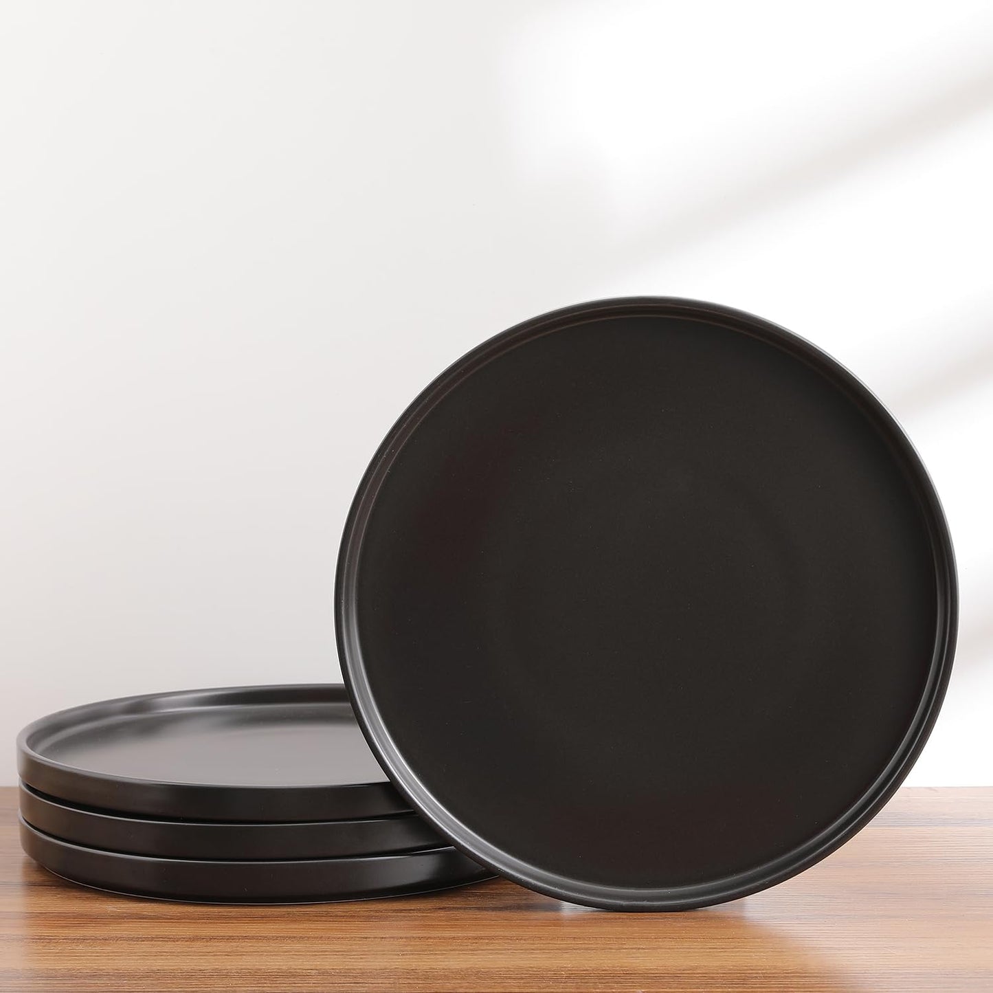 Stone Lain Coupe - Celina Stoneware Round Dinner Plates Set, 4-Piece, Black Matte