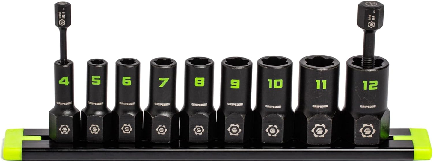 GRIPEDGE Tools | 9-PC - 1/4'' Drive Metric RPT Socket Extractor Set | Sizes 4 – 12 MM | Removes Broken Studs, Stripped Bolts and Lug Nuts | Includes Premium Aluminum Socket Rail|