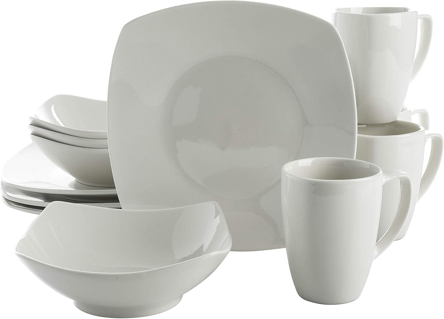 Gibson Home Amelia Court Porcelain Chip and Scratch Resistant Dinnerware set, Service for 4 (12pcs), White (Soft Square)