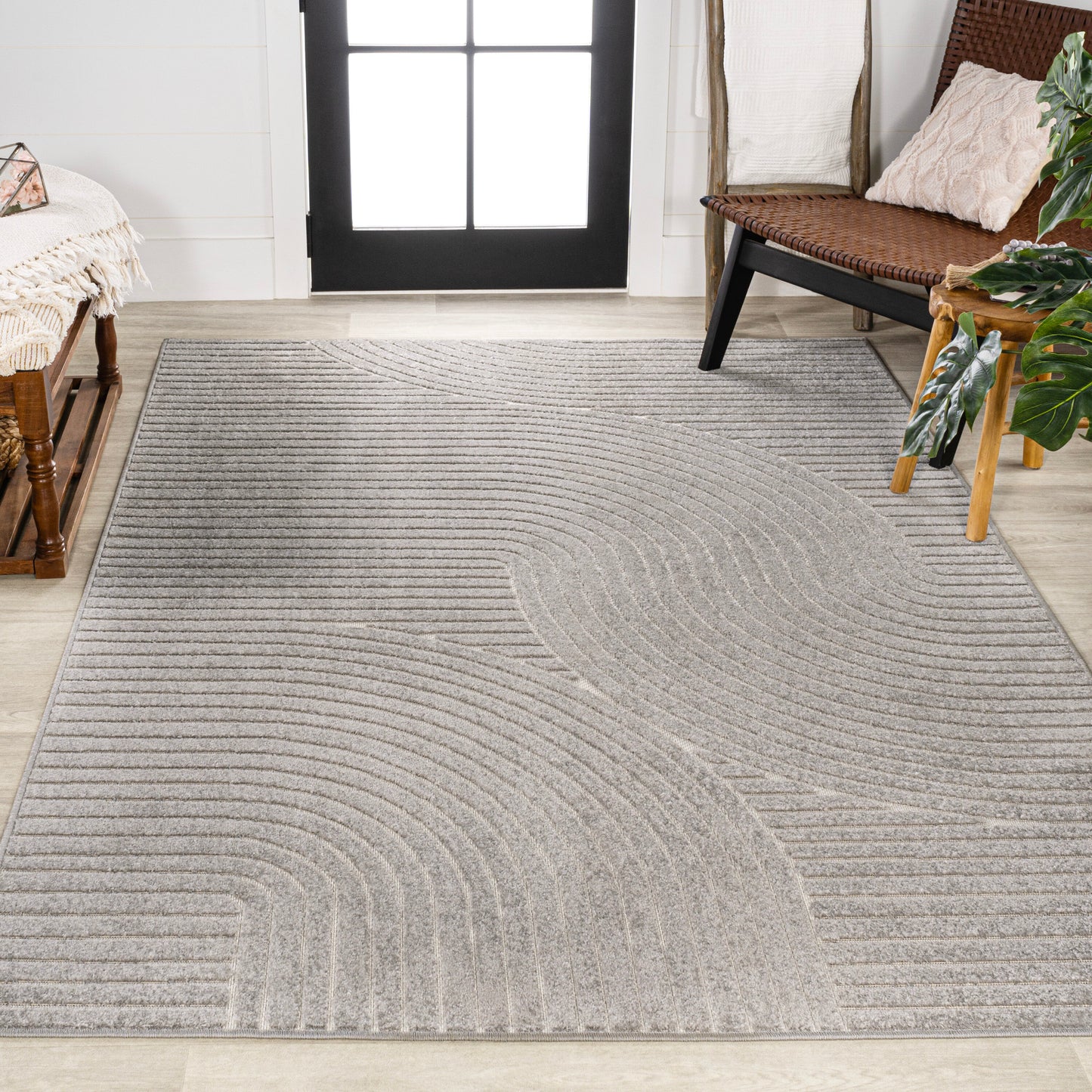 JONATHAN Y SCANDINAVIAN Hallie High-Low Minimalist Curve 10 x 13 (ft) Loomed Gray/Ivory Rectangular Indoor/Outdoor Geometric Mid-Century Modern Pet Friendly Area rug