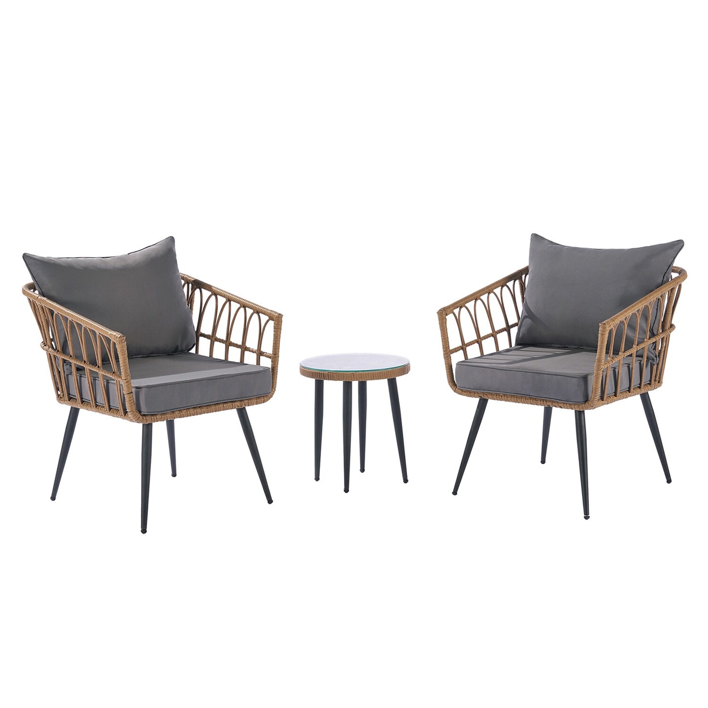 SINOFURN 3 -Piece Rattan Patio Conversation Set with Gray Cushions