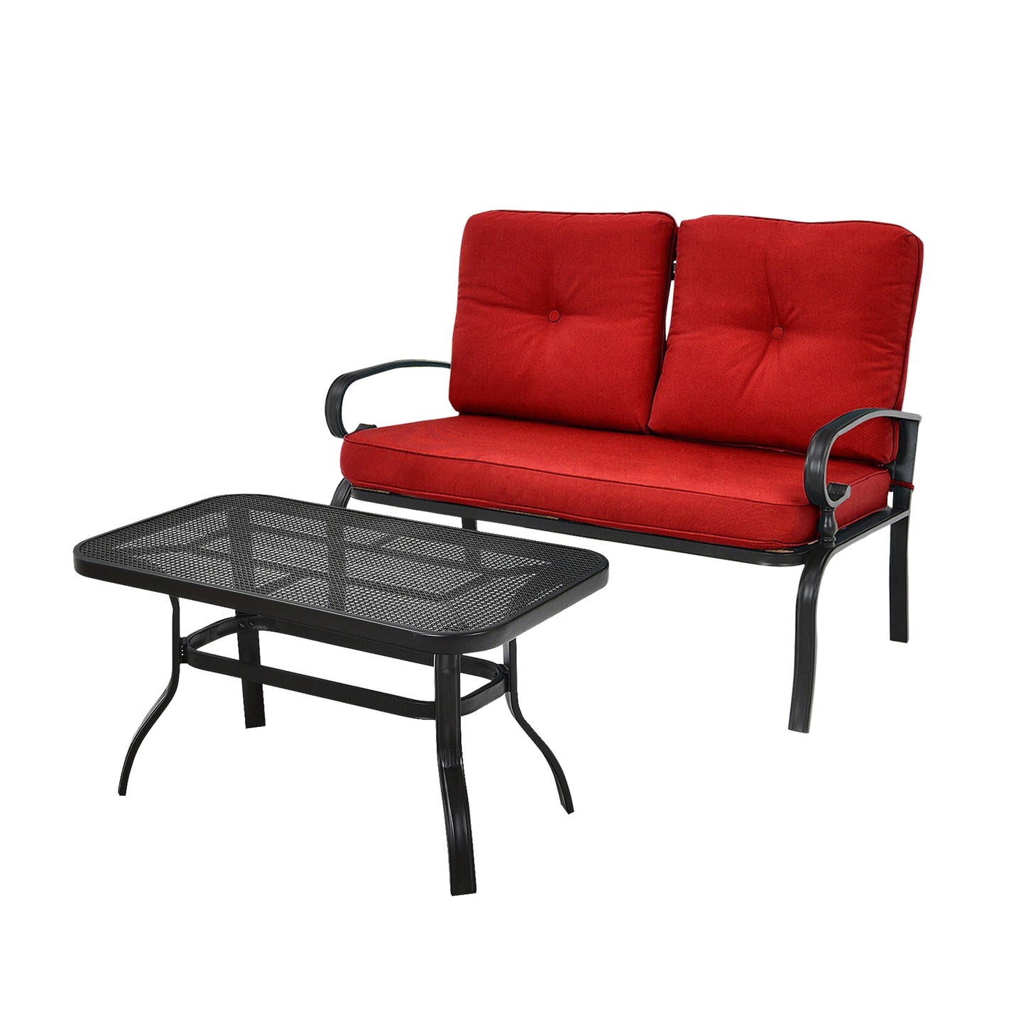 WELLFOR CW Loveseat and Table 2 -Piece Patio Conversation Set with Red Cushions