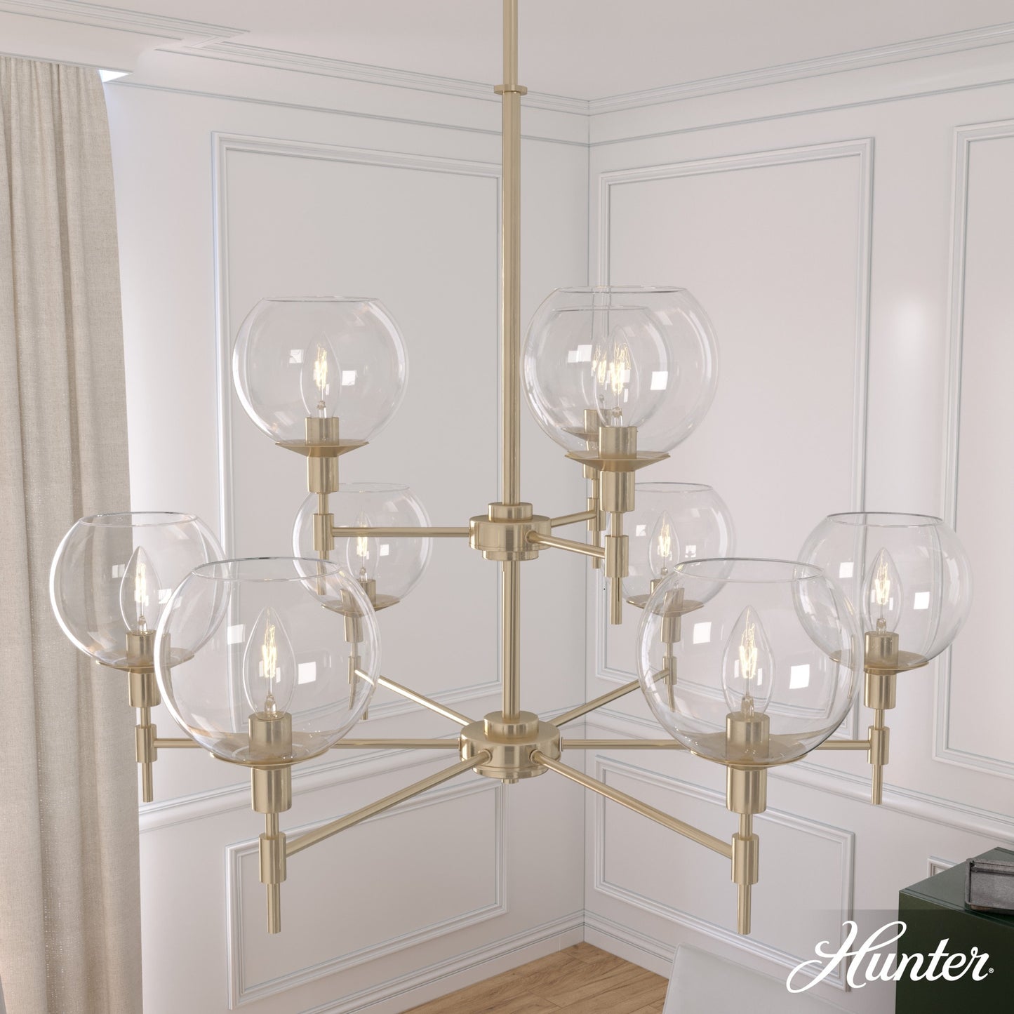 Hunter Xidane 9 -Light Satin Gold Mid-century Crystal For Use in Bedrooms, Dining Rooms, Foyers, Kitchens, Living Rooms Chandelier 5228397