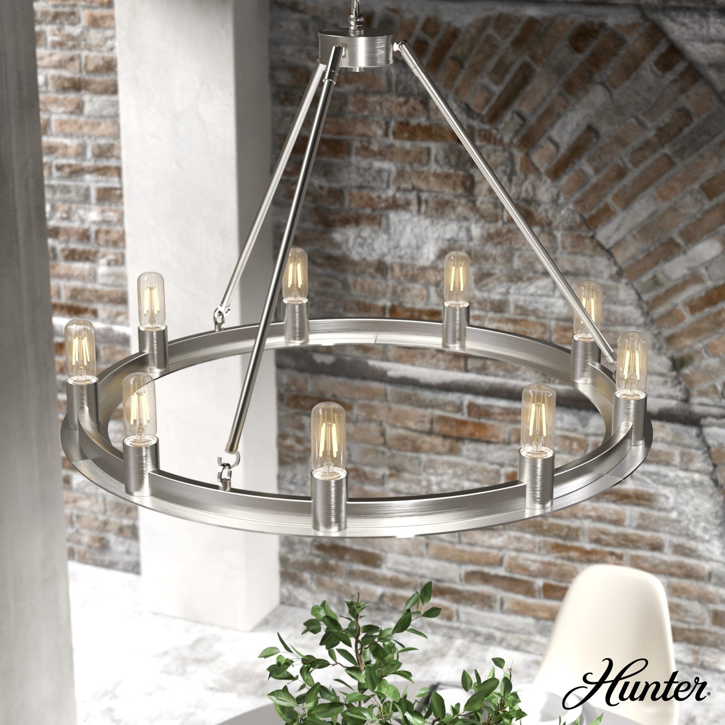 Hunter Saddlewood 9 -Light Brushed Nickel Transitional Bare bulb For Use in Bedrooms, Dining Rooms, Foyers, Kitchens, Living Rooms Chandelier 5193821