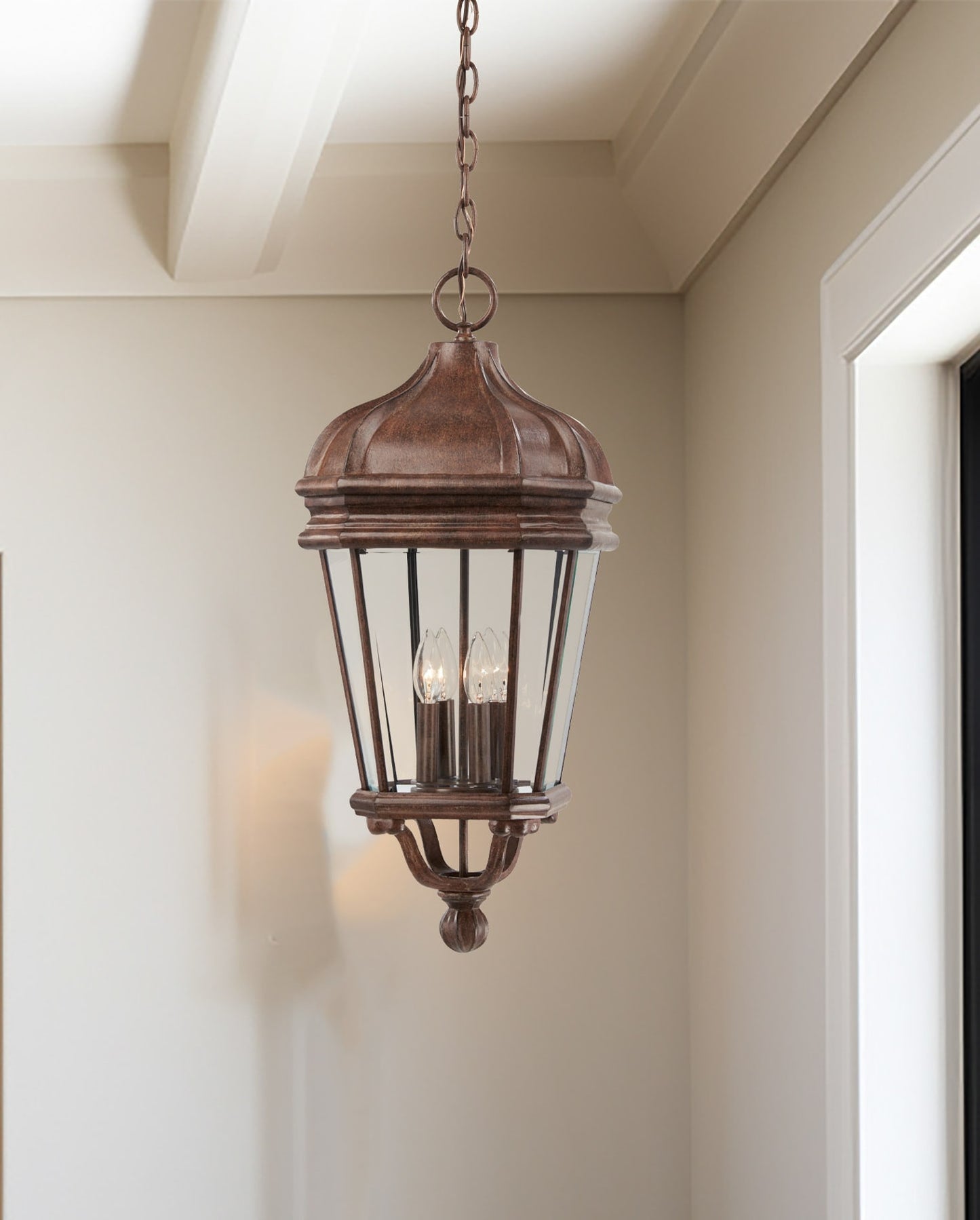 Minka Lavery Harrison 4 -Light Vintage Rust Traditional Etched glass Lantern Medium Outdoor Hanging Pendant light 1664959