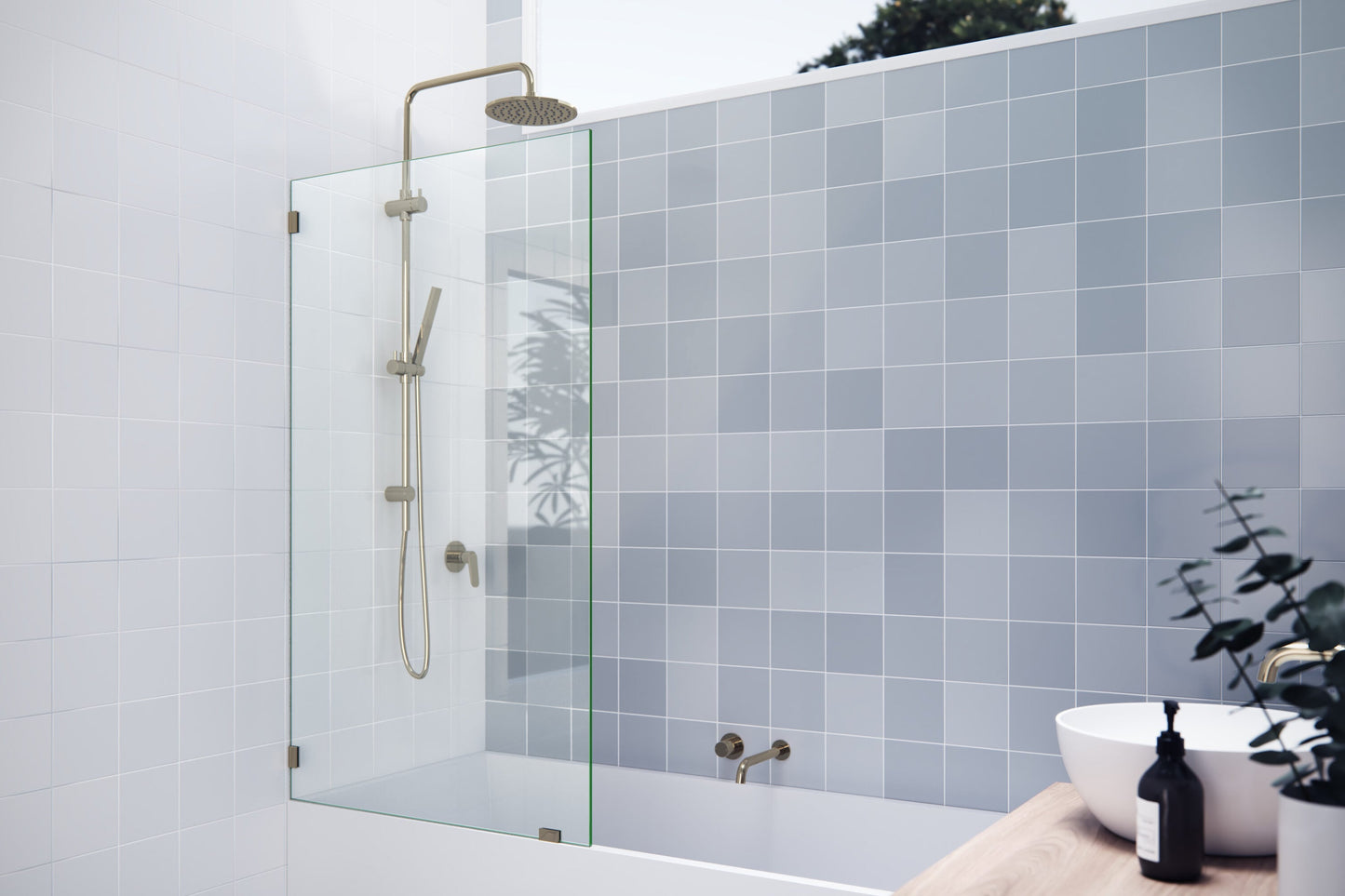 Glass Warehouse Polished Brass 33-in W x 58.25-in H Frameless Clear Glass Fixed Bathtub door