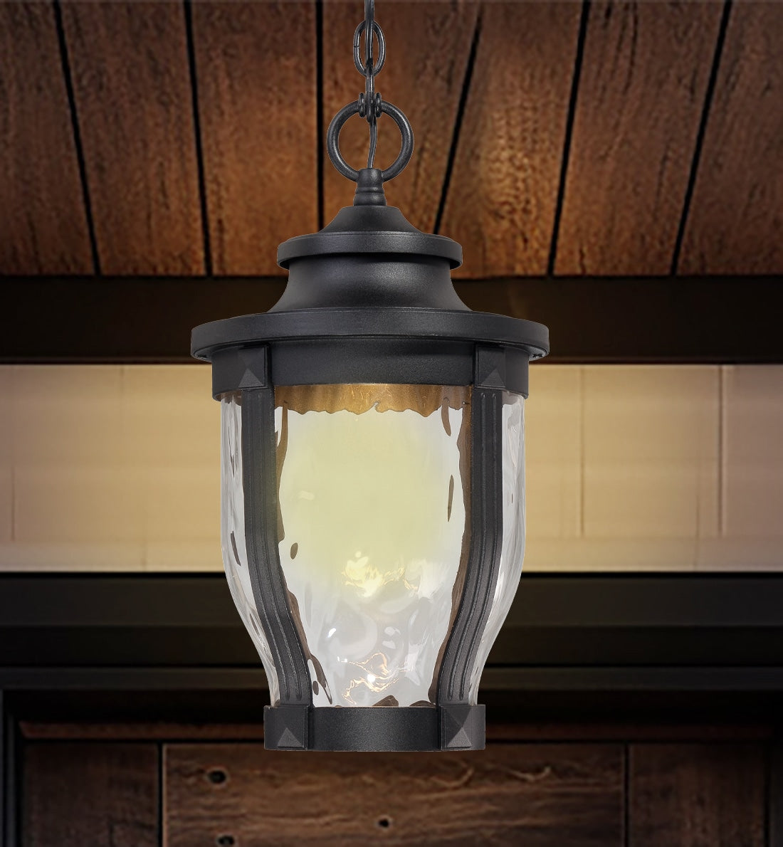 Minka Lavery Merrimack Black Transitional Clear glass Lantern Integrated LED Medium Outdoor Hanging Pendant light 1664973