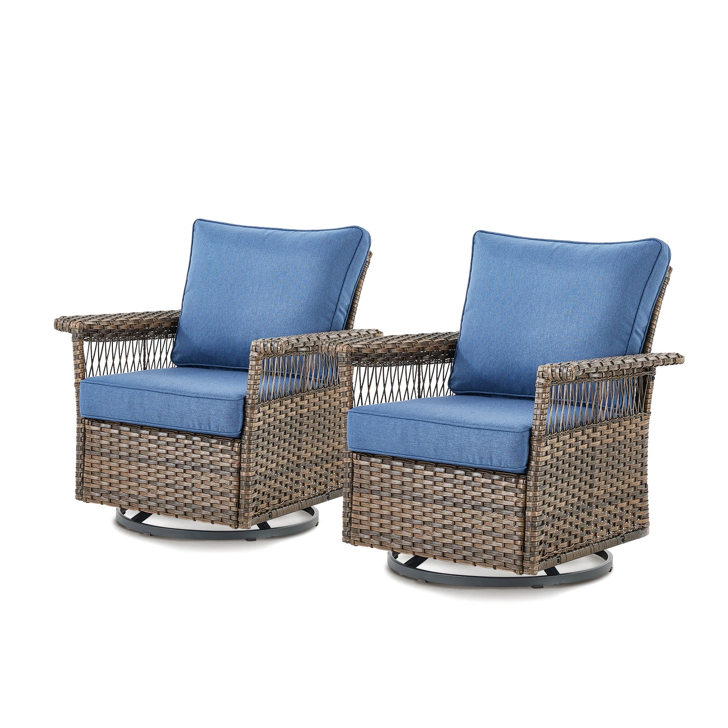 Rilyson Seagulls Set of 2 Wicker Brown Wicker Frame Swivel glider Rocking Chair with Blue Blue Cushioned Seat