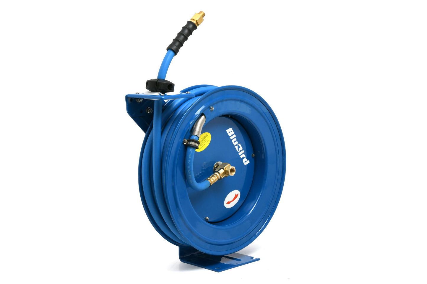 BluBird Blubird Air Hose Reel Is An Ultimate Combination Of Corrosion Resistant Powder Coated Steel, Single Adjustable Guide Arm, L-shaped Base with Groove Reinforcement Ensuring A Stable Support Along with World Best Air Hose By Blubird BBRHD1250