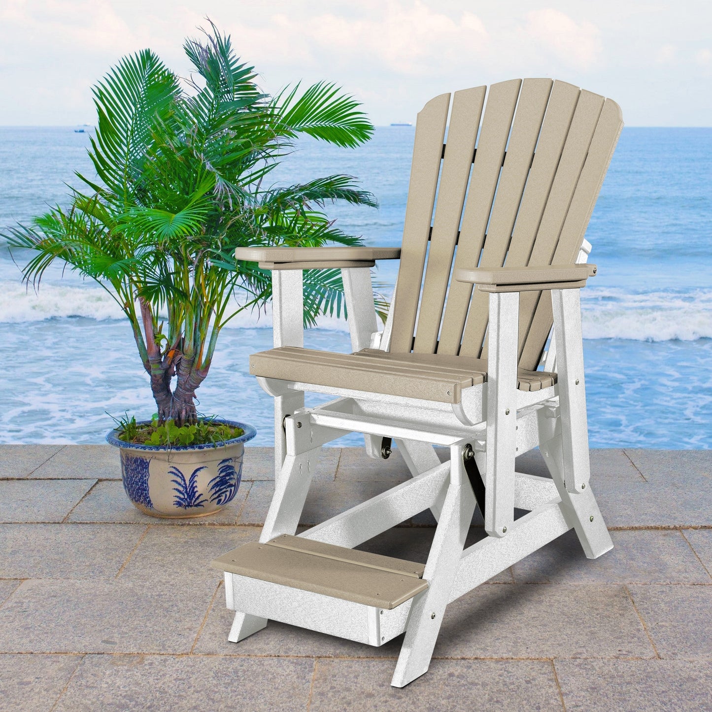 American Furniture Classics Adirondack White HDPE Frame Glider Balcony Chair with Slat Seat