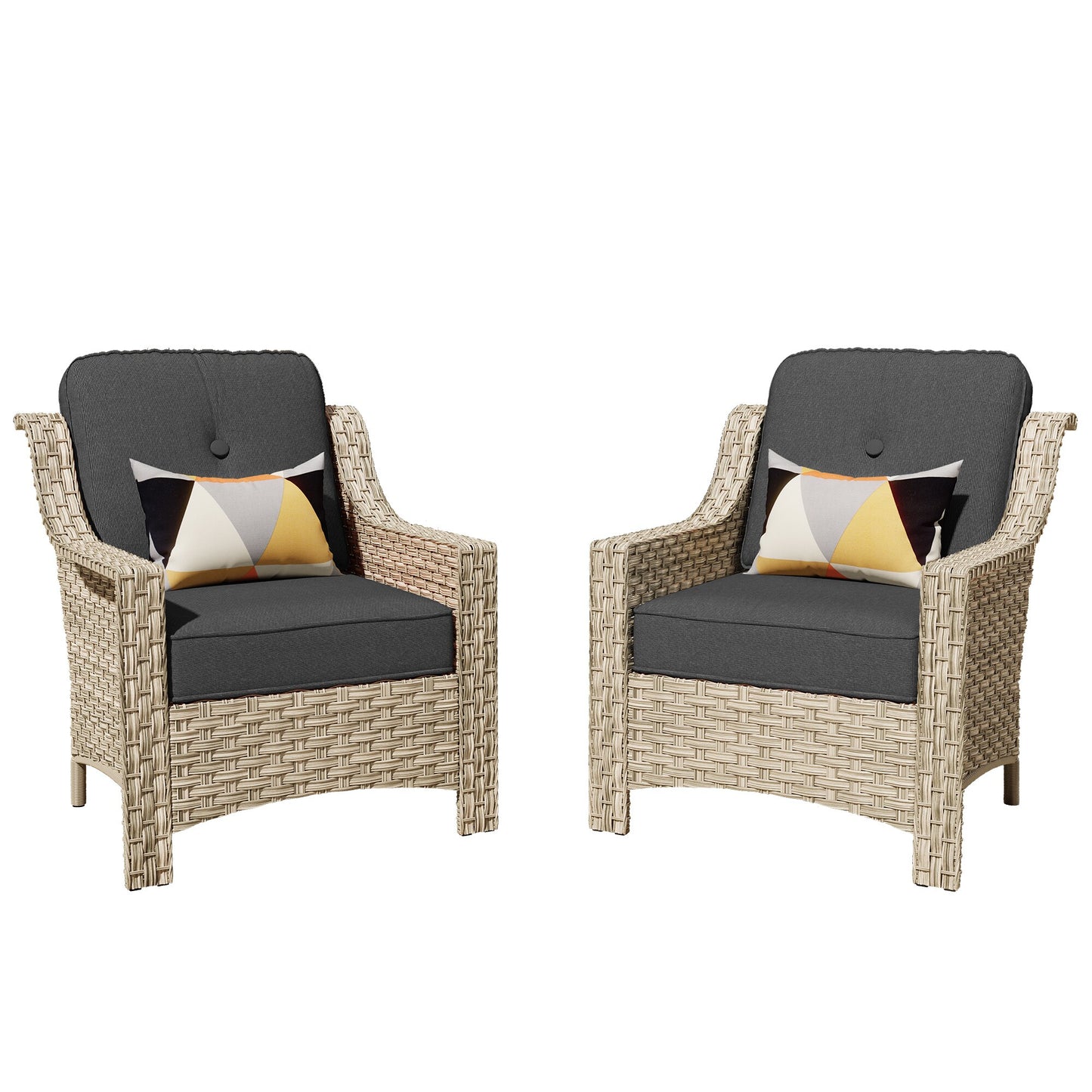 Pouuin Set of 2 Wicker Gray Metal Frame Stationary Conversation Chair with Black Cushioned Seat