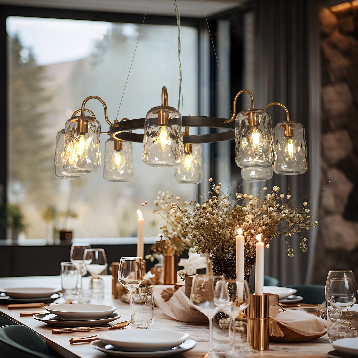 LNC Erharting 32.7'' 8 -Light Brushed Black Indoor Textured glass Glass Metal Chandelier