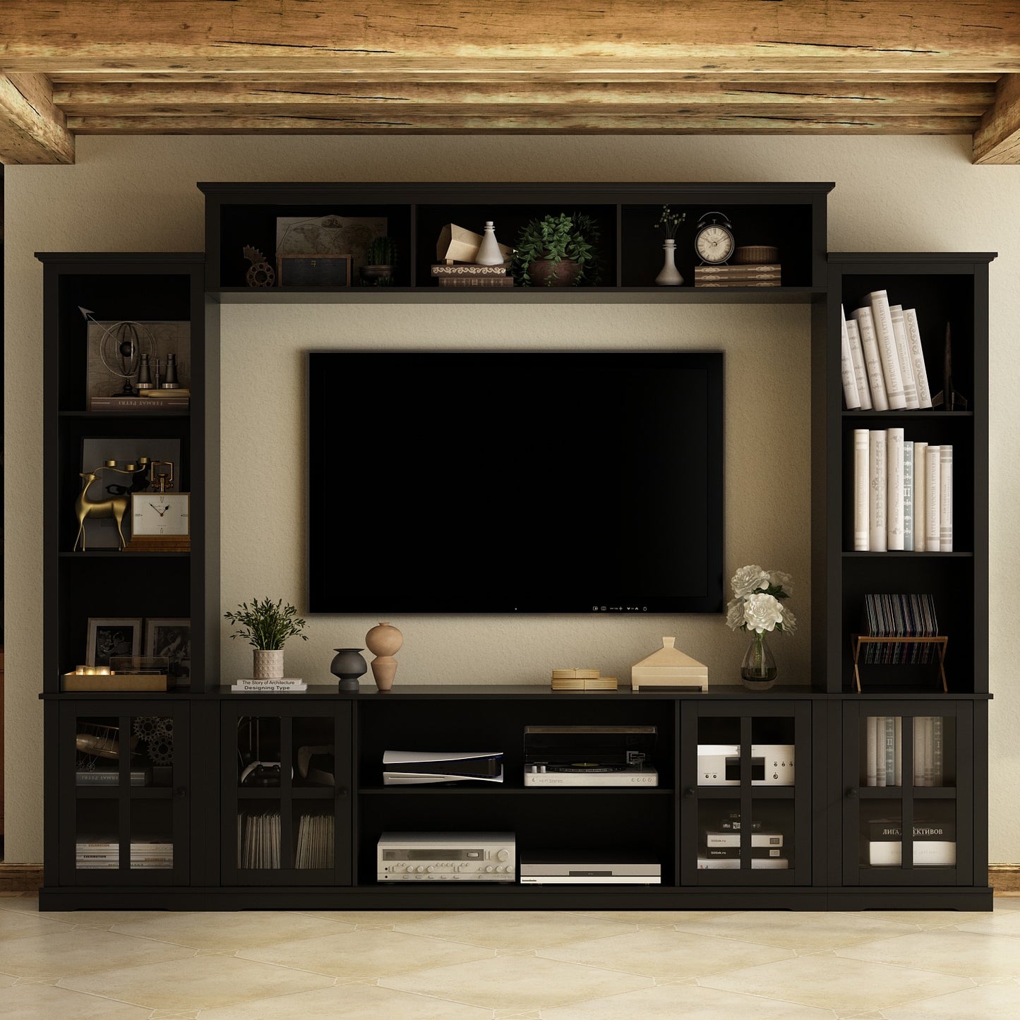 FUFU&GAGA Modern/Contemporary Black 102-in W TV cabinet Integrated TV Mount ( Accommodates TVs up to 65-in )