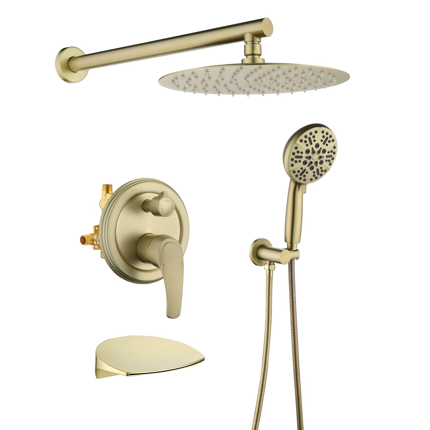WELLFOR SM 10-in Shower System Brushed Gold 10-in Waterfall Built-In Shower Faucet System with 3-way Diverter ( Pressure-balanced Valve Included )