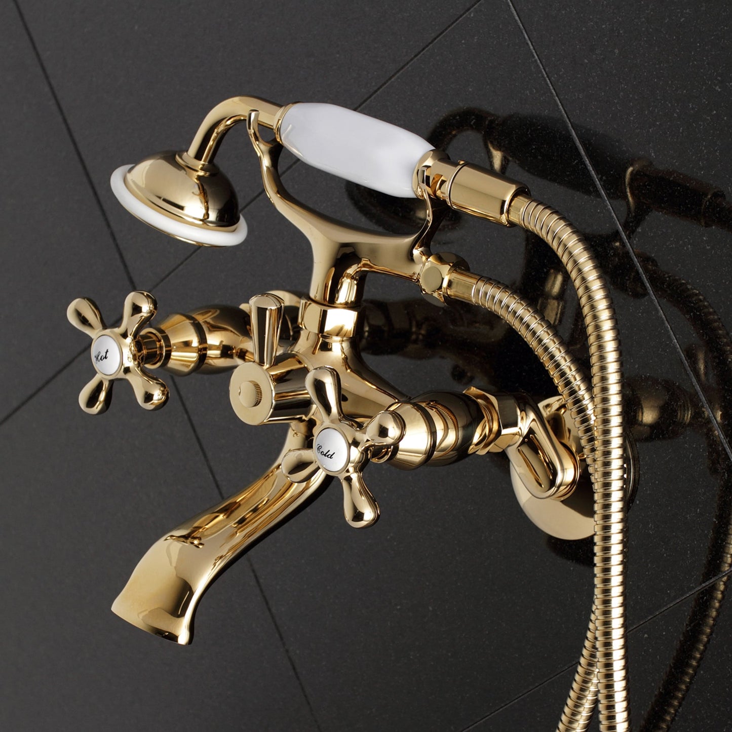 Kingston Brass Vintage Polished brass 3-handle Wall-mount Low-arc Bathtub Faucet with Hand Shower ( Valve Included )