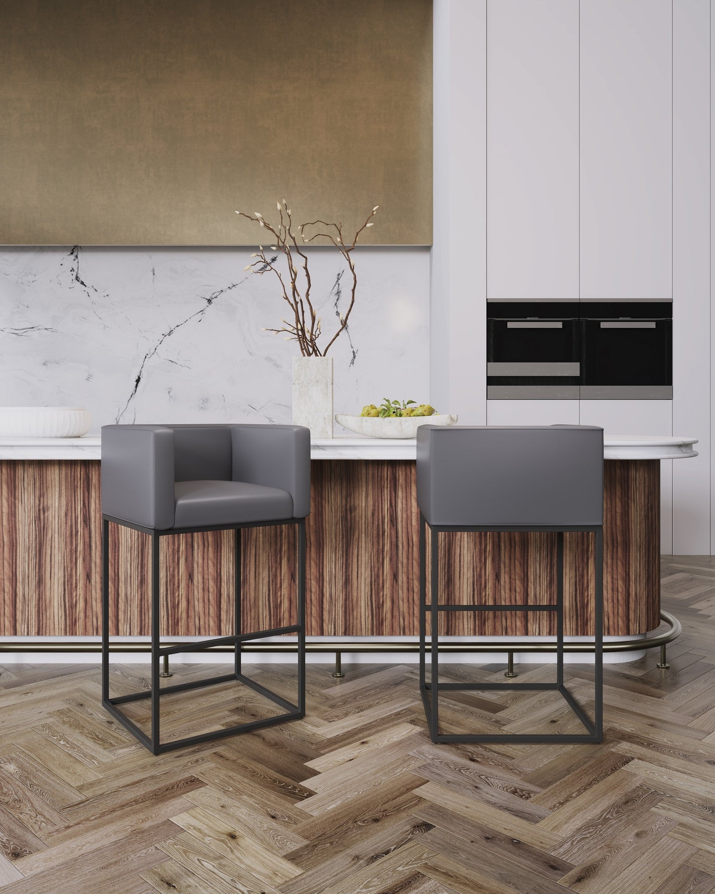 Manhattan Comfort Grey and Black 25.0-in H Counter height Upholstered Metal Bar Stool