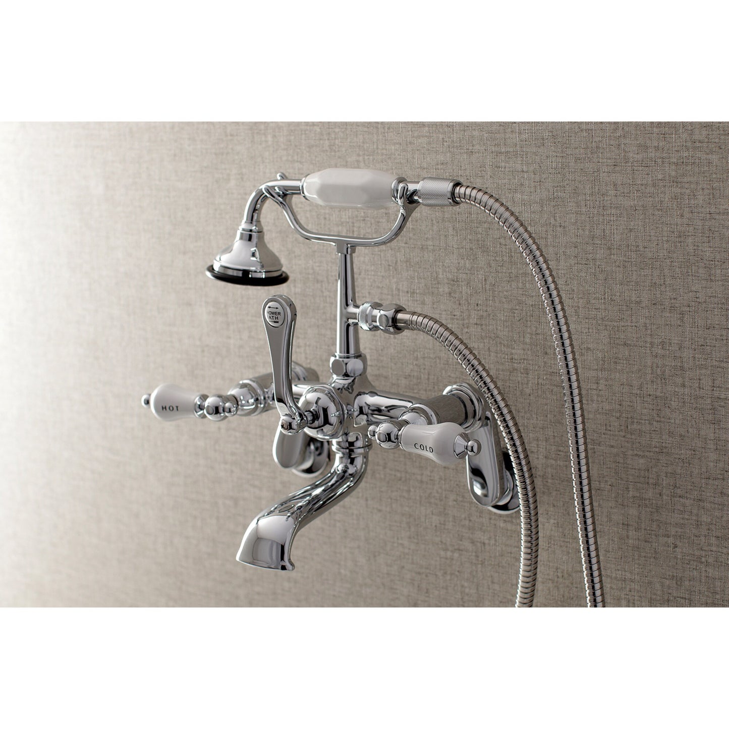 Kingston Brass Aqua Vintage Polished chrome 3-handle Wall-mount Low-arc Bathtub Faucet with Hand Shower ( Valve Included )