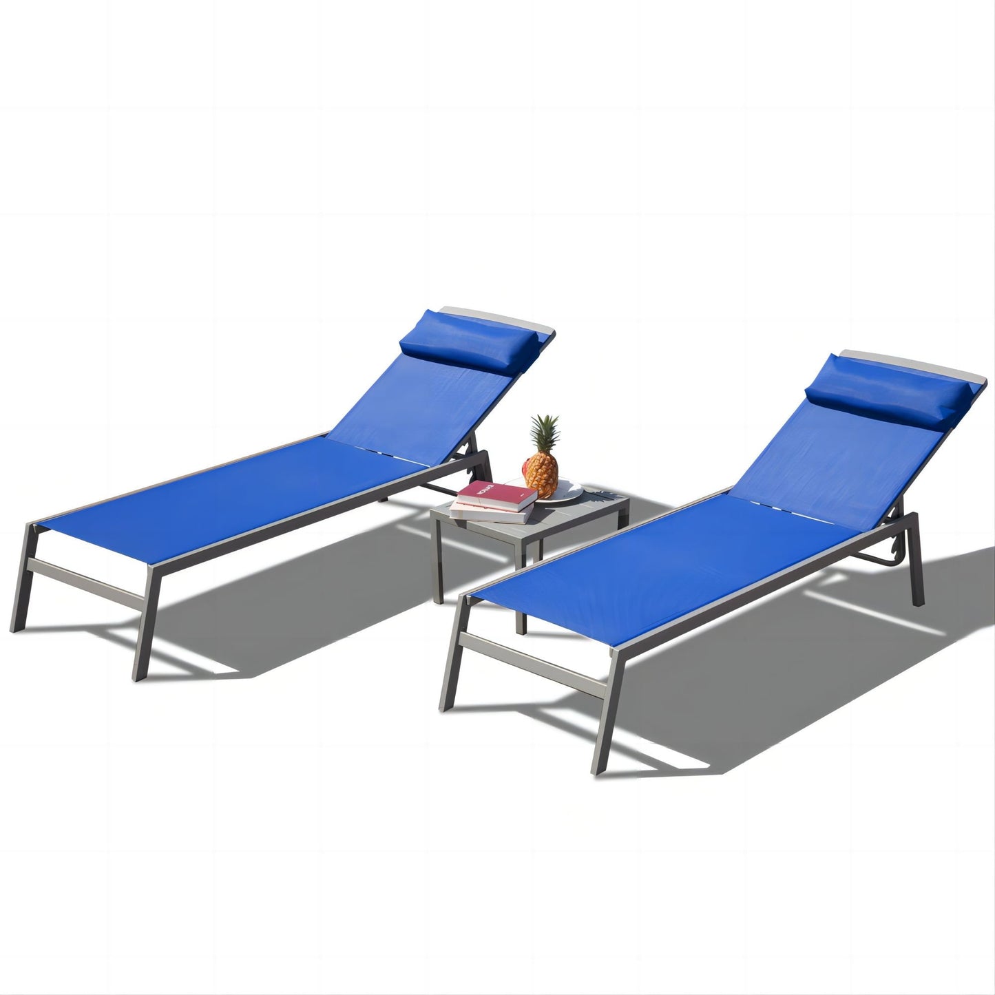 ToolCat Set of 2 Stackable Sliver Aluminum Frame Stationary Chaise Lounge Chair with Blue Mesh Seat