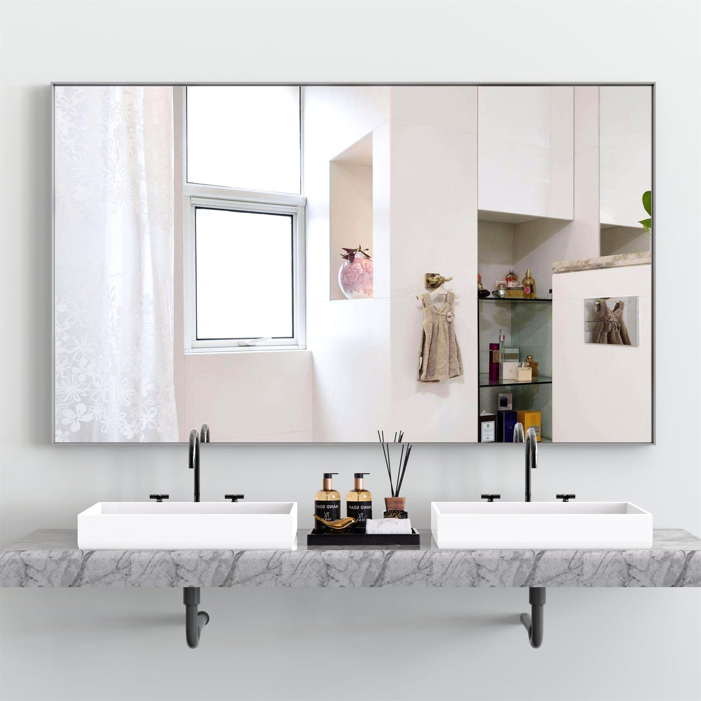 BABOOM Oversized Modern Rectangle Bathroom Mirror 60-in x 36-in Framed Rectangle Bathroom Vanity Mirror ( Silver )