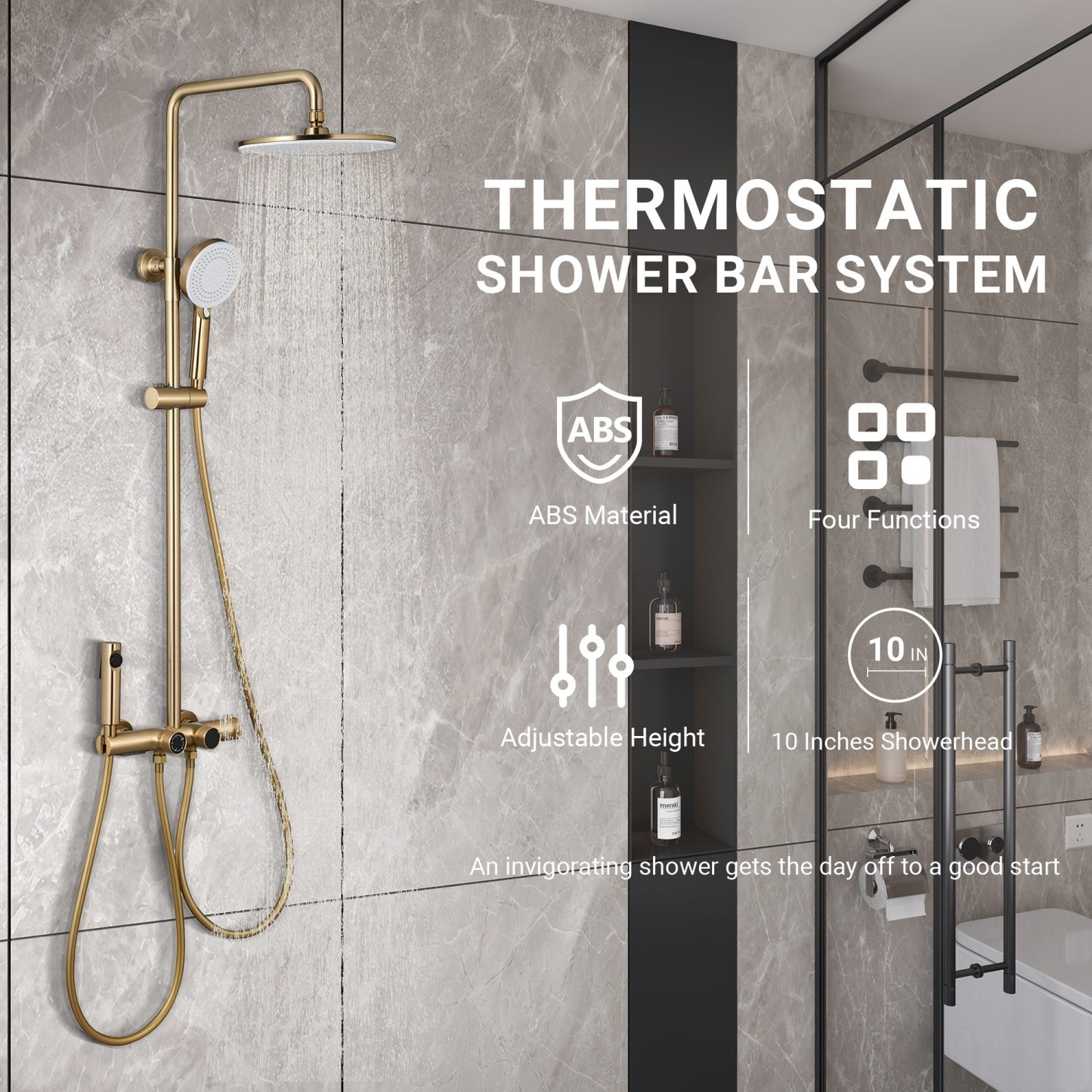 LUCKY ONE Brushed Gold 10-in Shower Faucet Bar System with 4-way Diverter ( Thermostatic Valve Included )