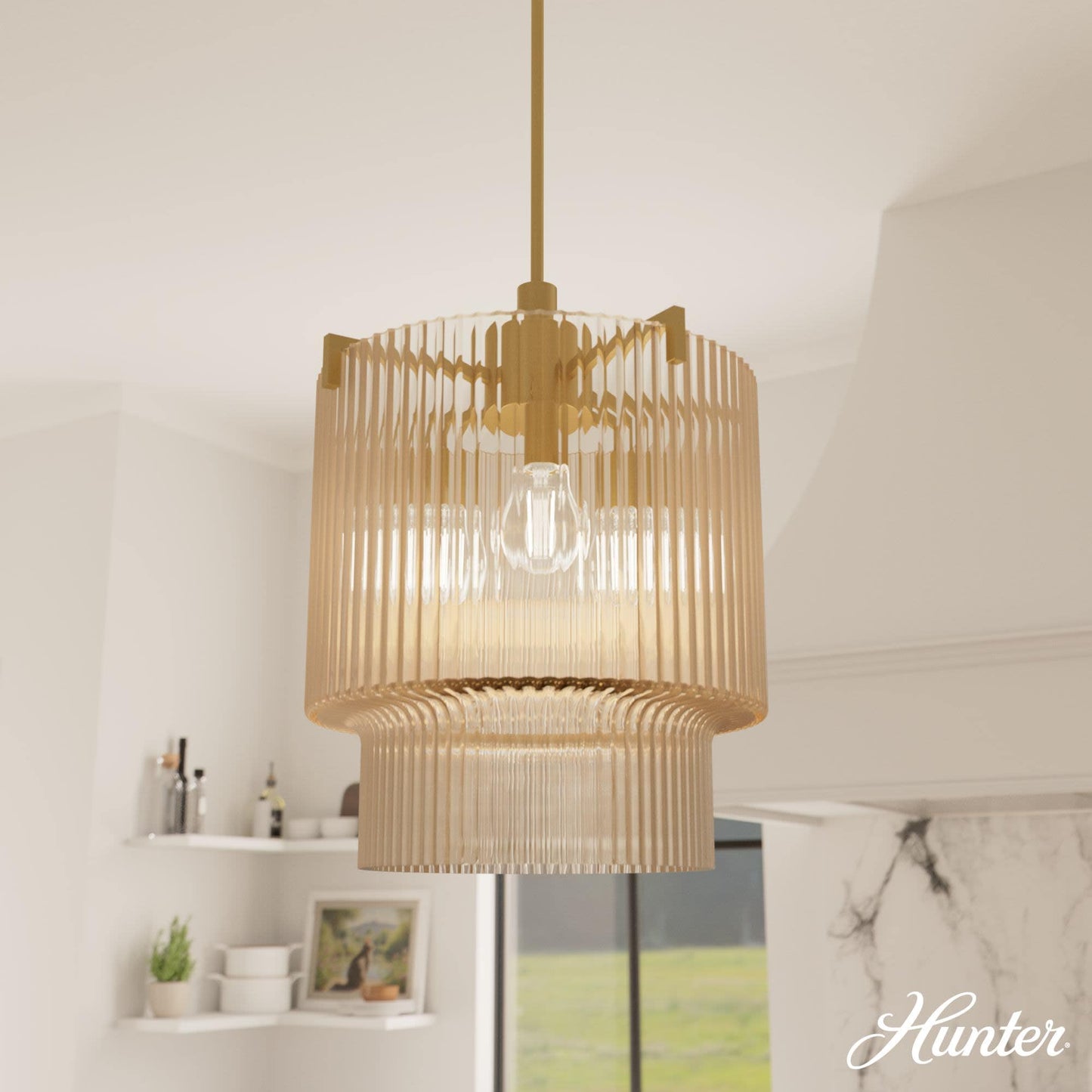 Hunter Ontario 3 -Light Luxe Gold Transitional Tinted glass Cylinder Medium Hanging Pendant light 6632179