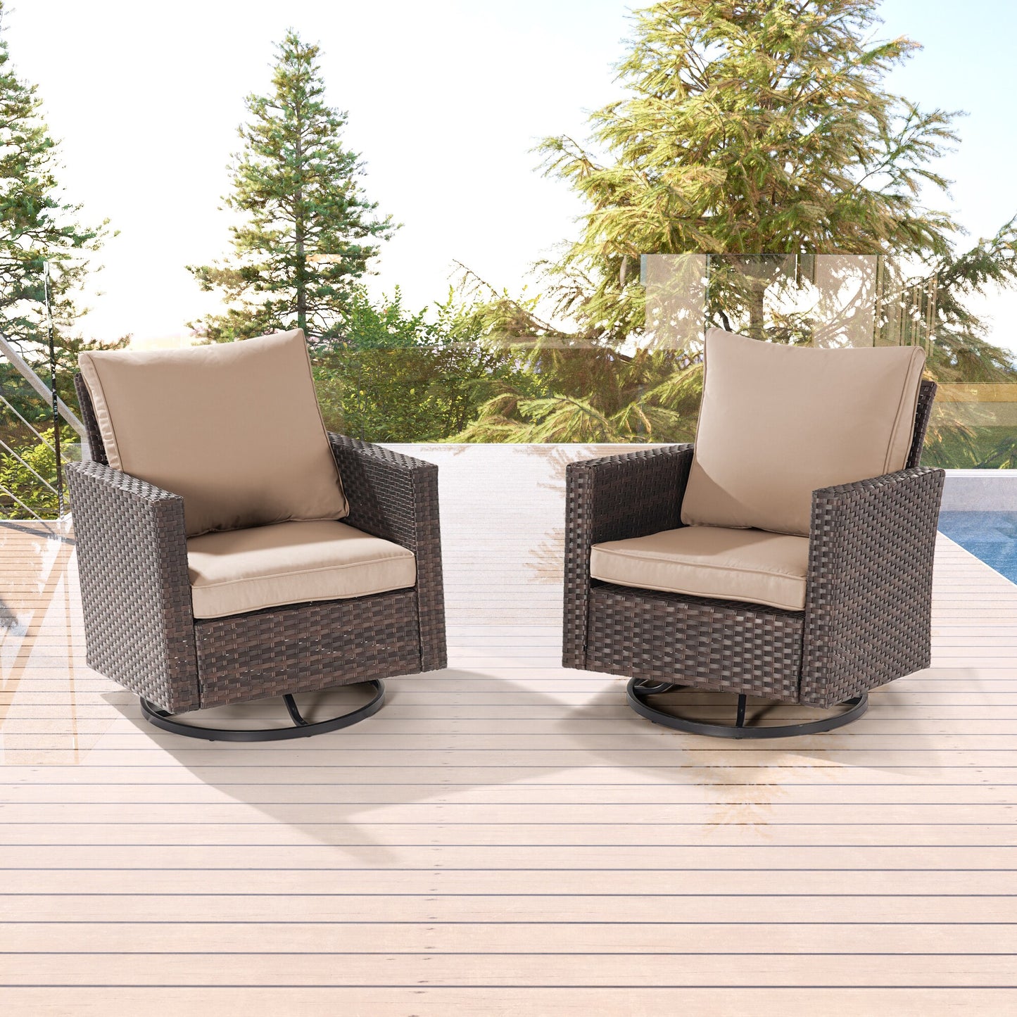 Sonkuki Swivel Rocking Chair 2 -Piece Rattan Patio Conversation Set with Off-white Cushions